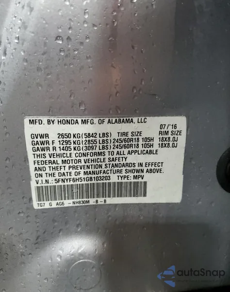 2016 Honda Pilot Exl from USA, damaged, VIN 5FNYF6H51GB103203